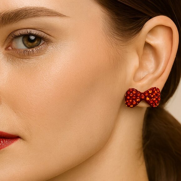 Fashion Jewelry Crystal Stud Earrings Sparkle Bows Red 1 In Wide New - Picture 3 of 8